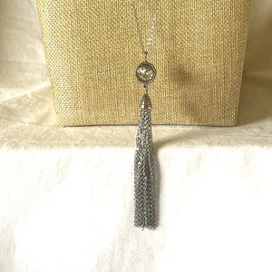 LOFT Chain Tassel with Large Rhinestone Silver Tone Necklace